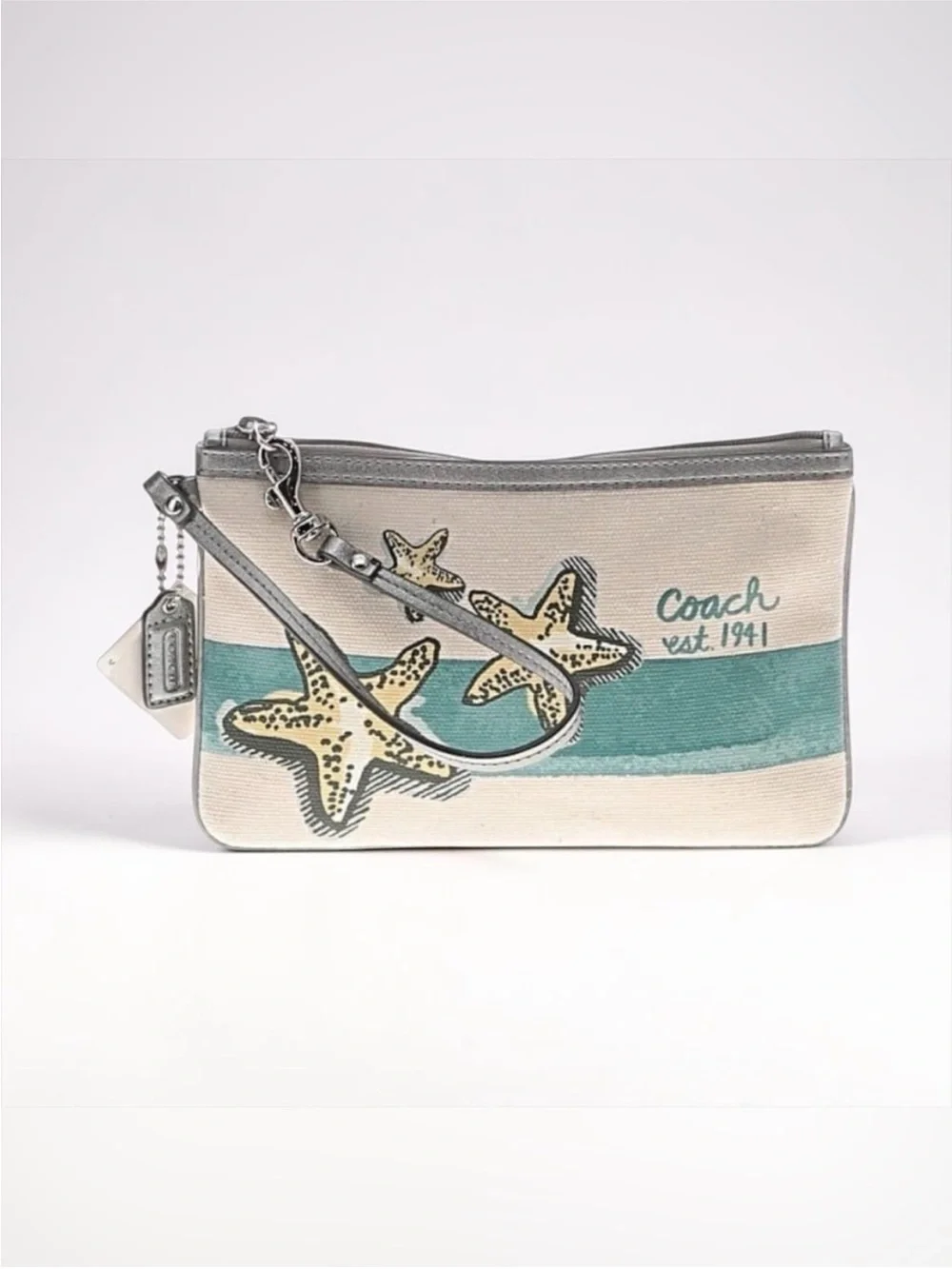Coach Canvas Starfish Wristlet in Cream & Teal Stripe NWT